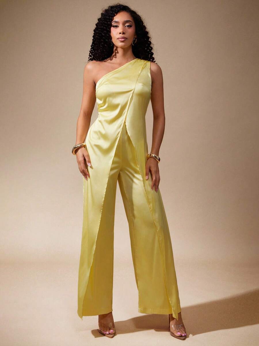 Vixey Solid Satin One Shoulder Wide Leg Sleeveless Jumpsuit - Yellow - View 1
