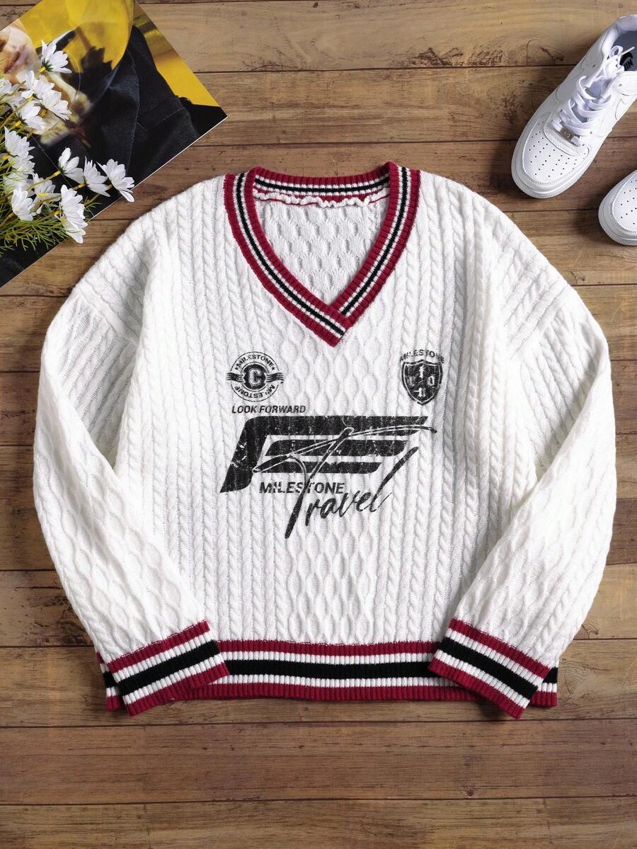 Manfinity Joysei 男士休闲拼布条纹装饰V领字母图案毛衣，秋冬 - 白色 - 查看 1