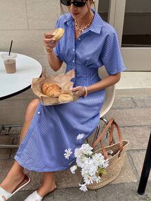 Serisse Women's Vertical Striped Collared Short Sleeve Dress Summer Casual - Blue and White - View 3