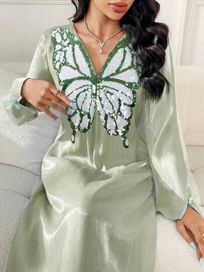 Yasmyna Women's Elegant V-Neck Long Sleeve Sequin Butterfly Dress Green Abaya Butterfly Abaya Sequined Butterfly Mukhawara Abaya Kaftan Jalabiya Dress