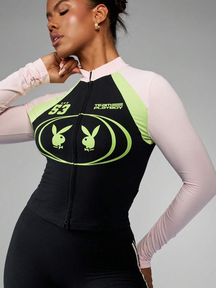 Missguided x Playboy Felpa con chiusura lampo, collo a imbuto, maniche lunghe, con blocchi di colore e logo del coniglio in cotone, con numero 53