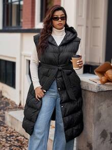 Vionelle 加大码女式连帽大口袋背心夹克长款秋冬时尚保暖外套配腰带冬季秋季羽绒背心 - 黑色 - 查看 5