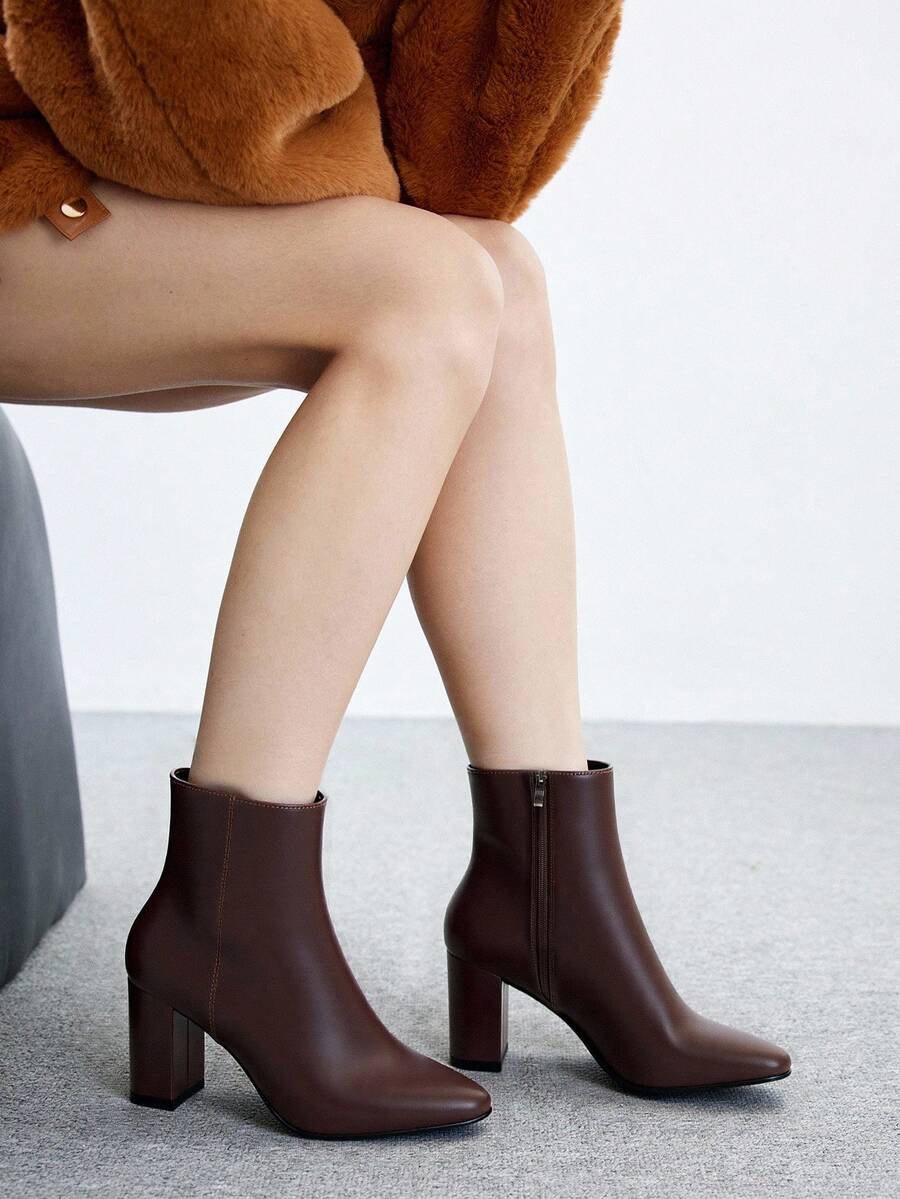 CUCCOO BIZCHIC 女士尖头粗跟短靴，时尚简约通勤踝靴，侧拉链，经典咖啡色，中跟，秋冬 - 咖啡棕 - 查看 1