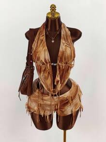 Amplova 2 件套：深垂领露背上衣和独特面料的破洞迷你短裤 - 彩色 - 查看 3