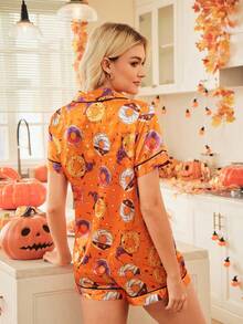 FamilyFrolics 女士甜甜圈印花短袖纽扣上衣和短裤睡衣套装，万圣节 - 彩色 - 查看 2