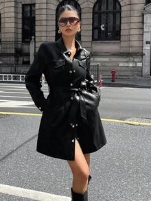 DAZY Women's PU Shirt Style Mid-Length Dress, Spring/Autumn - Black - View 7