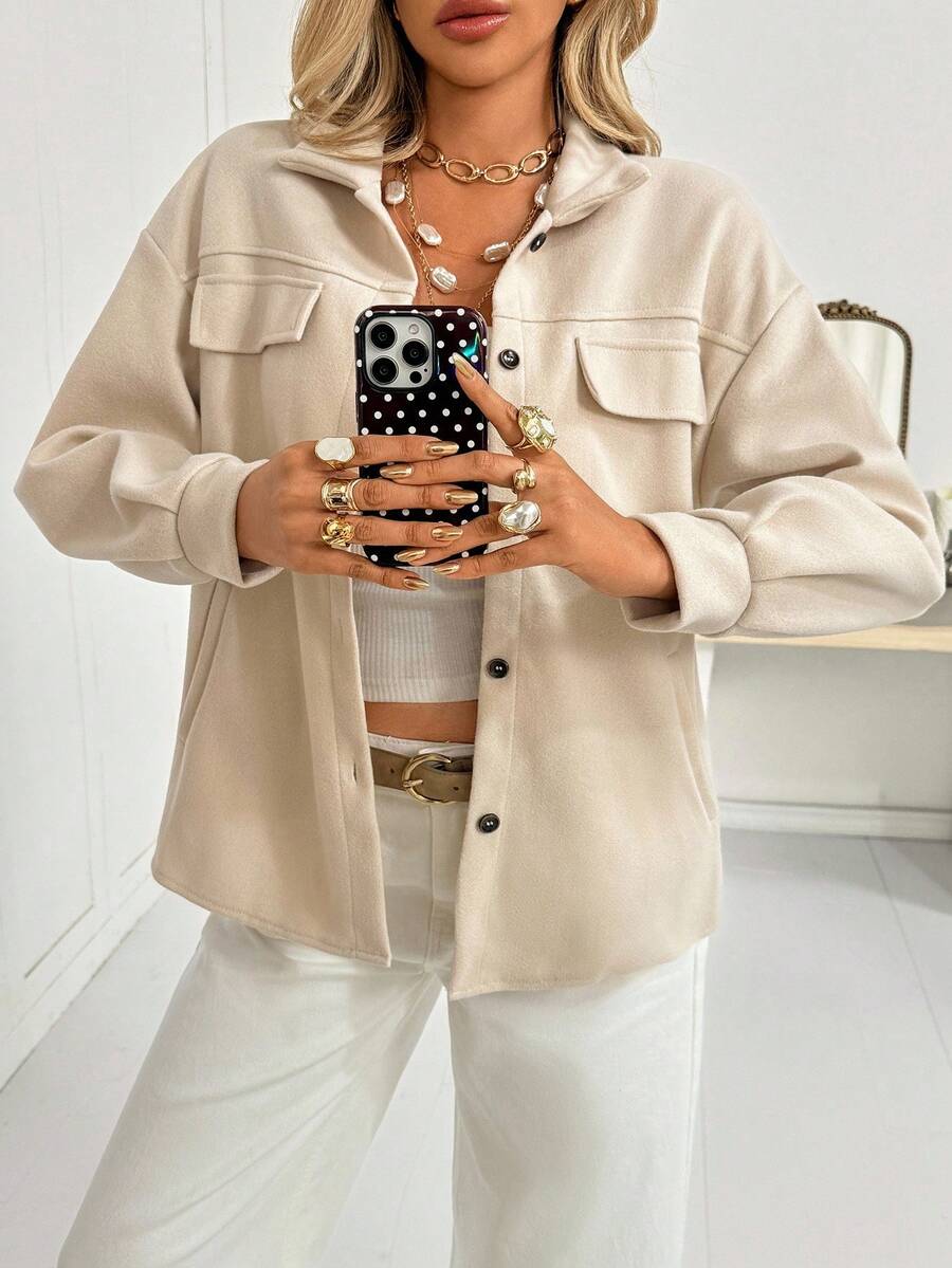 Siren Gaze Button Front Drop Shoulder Solid Coat In Fall/Winter Brown Casual - Khaki - View 1