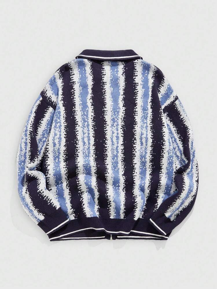 ROMWE MEN Prep Cardigan Kasual Pria dengan Motif Garis-Garis Blok Warna, Musim Gugur/Dingin - Hitam - View 2