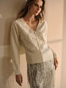 MOTF PREMIUM 对比色人造珍珠和亮片V领开衫 - 杏色 - 查看 8