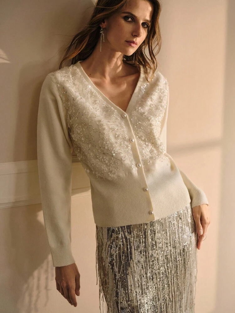 CONTRAST FAUX PEARLS AND SEQUINS V-NECK CARDIGAN