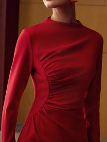 MOTF PREMIUM VESTIDO LARGO CON CUELLO DE EMBUDO Y FRUNCIDO EN LOS LADOS, ESTILO VINTAGE - Rojo - Ver 2