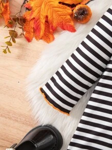 SHEIN Sukienka w paski z długim rękawem dla dziewczynki na Halloween z kreskówkową grafiką - Wielokolorowe - Zobacz 7