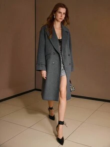 MOTF PREMIUM Áo khoác len pha trộn cổ tròn cỡ lớn màu trơn dài vừa - Màu xám đen - Xem 7