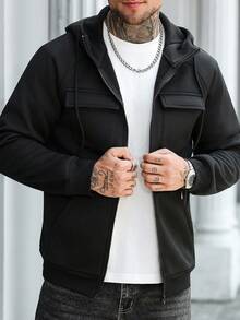 Manfinity Homme Men's Solid Color Long Sleeve Utility Pocket Zip Front Drawstring Zip Up Black Hoodie Sweatshirt, Casual For Autumn - Black - View 3