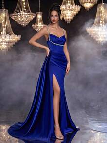 Glamrae Thanh lịch, Lãng mạn, Gợi cảm, Tối giản, Xanh navy, Sa tanh, Trang trí dây kim cương giả, Không dây, Trang trí xếp ly, Ôm sát, Có gọng, Viền đuôi cá, Xẻ tà bên hông, Đuôi tàu, Thời trang, Người có ảnh hưởng, Ngày lễ, Kỳ nghỉ, Tiệc sinh nhật, Đám cưới, Đầm dạ hội trang trọng - Xanh đậm - Xem 6