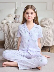 少女花卉印花纽扣前襟衬衫和裤子睡衣套装 - 淡紫色 - 查看 5