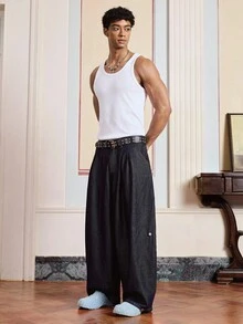 SWAVVY Quần jean denim dài màu xanh dương dáng rộng thoải mái cho nam - Màu xanh lam - Xem 1