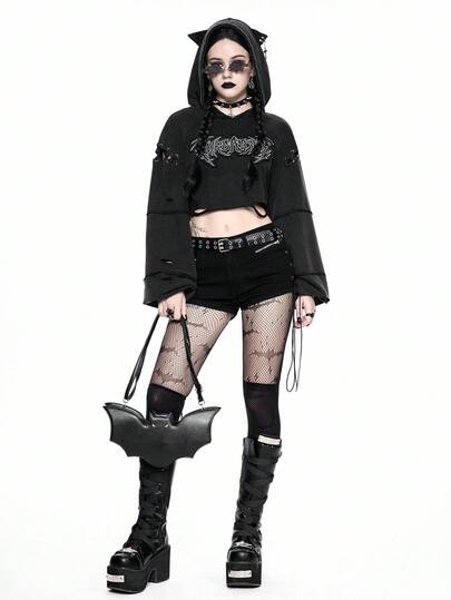 Goth Sudadera corta de mujer con orejas de gato, cruz metálica y lavado oscuro, estilo gótico y lindo, para Halloween