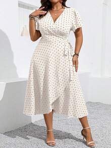 Elenzga 大码裹身荷叶边下摆波点短袖连衣裙 - 卡其色 - 查看 3