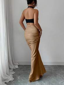 Elenzga 女士黑白拼色露背收腰鱼尾下摆优雅连衣裙，适合通勤和日常穿着 - 彩色 - 查看 2