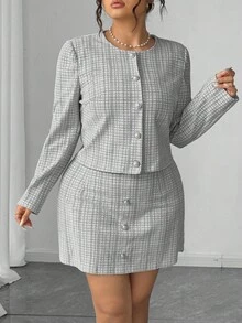 Elenzga Set jachetă elegantă în carouri, cu mânecă lungă, scurtă și fustă scurtă, mărime plus, primăvară/toamnă - Alb-negru - Vizualizare 6