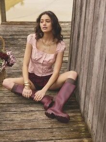 Aralina 女式方领泡泡袖蕾丝拼布短款荷叶边下摆格子衬衫 - 彩色 - 查看 6