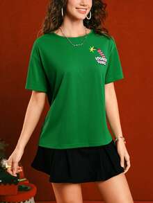 LOONEY TUNES X SHEIN Women's Christmas Cartoon Pattern Round Neck Short Sleeve T-Shirt - Green - View 4