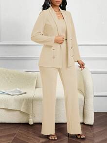SHEIN Lady 四季婚礼宾客女士背心、西装和西装裤教堂服装酒红色女士西装套装 - 杏色 - 查看 3