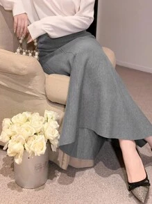 DAZY 女士优雅纯色美人鱼下摆毛衣半身裙，秋冬女装半身裙 - 灰色 - 查看 6