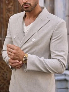 Manfinity VCAY 2 件男士意大利复古浅米色轻便商务休闲西装，纹理正装 - 米色 - 查看 3