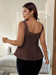 Vionelle 大码女式优雅无袖吊带背心，浪漫法式风格，适合办公室、通勤、下午茶、派对、度假，鸡心领口，正面锁孔，腰部收紧，A 字廓形，适合春夏季 - 棕色 - 查看 2