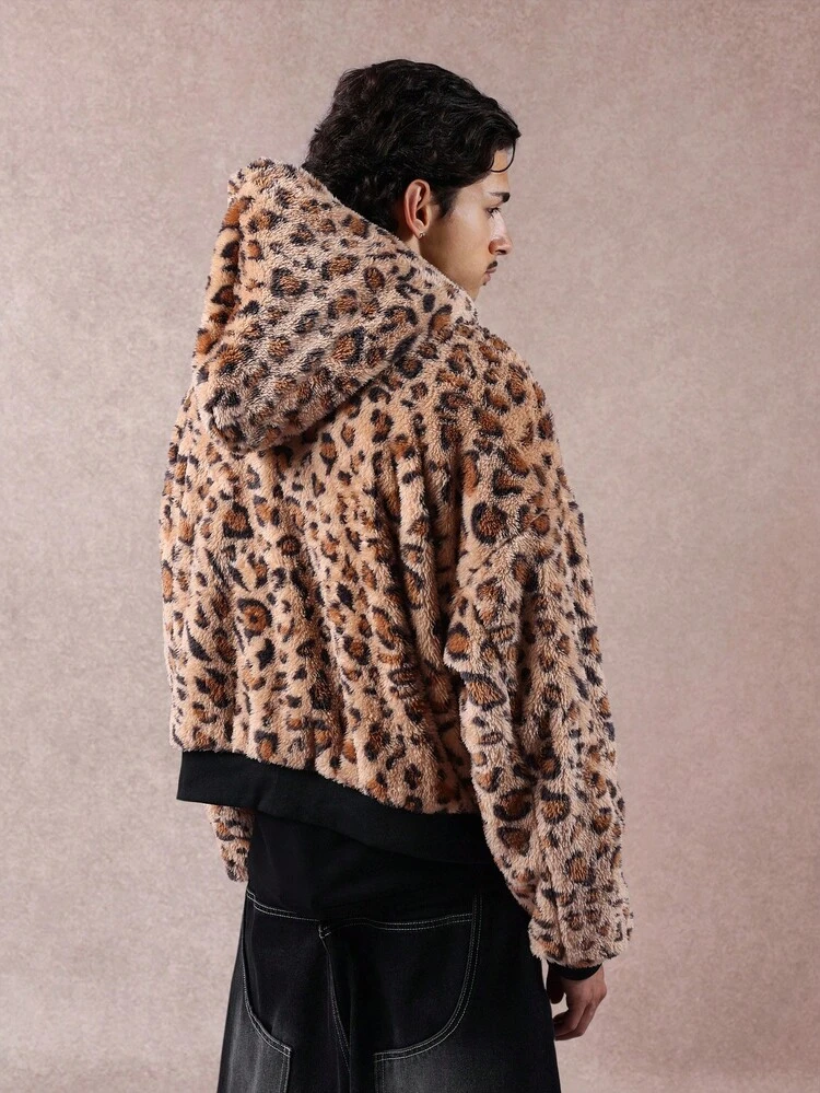 Faux Fur Leopard Print Cropped Jacket With Zip Closure