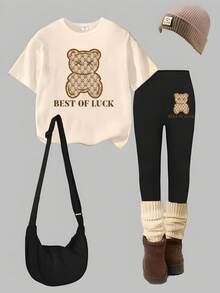 女孩休闲可爱卡通熊和字母图案印花短袖 T 恤和紧身裤两件套，适合返校装