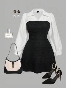 SHEIN MOD 大码拼色拼接优雅通勤休闲商务连衣裙