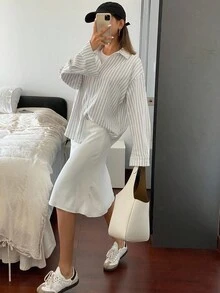 Livesso 女式宽松长袖翻领休闲条纹衬衫，春夏秋季上衣 - 白色 - 查看 6