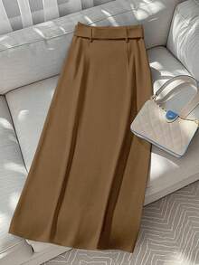 GlowEve Chân váy chữ A màu trơn đơn giản dành cho nữ đi làm hàng ngày, cài nút phía trước - Cà phê nâu - Xem 2