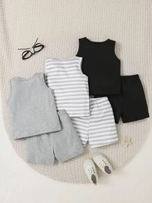 SHEIN Playful Pals Bộ trang phục mùa hè 6 món cho bé trai/bé gái, gồm 3 màu: Đen, Trắng, Áo không tay và quần short kẻ sọc, Thoải mái, Thường ngày, Đa năng và Thích hợp để mặc hàng ngày - Xám - Xem 2