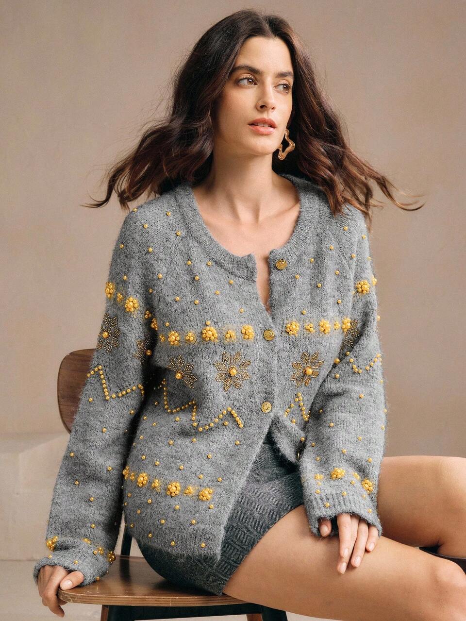 Women's Autumn Raglan Sleeve Beaded Knit Cardigan