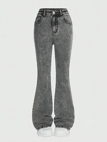 Jeans elásticos de cintura ajustable con bordado de lazo gris oscuro y copos de nieve, estilo urbano y callejero Y2K para niñas preadolescentes - Negro - Ver 2