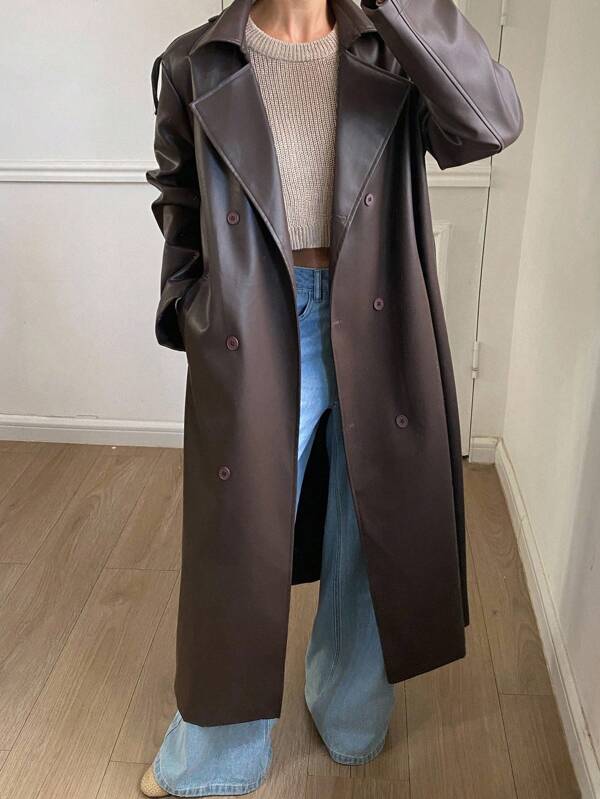 Livesso Chaqueta larga regular de mujer de PU gruesa, elegante y resistente, de estilo casual y holgado, nueva para otoño/invierno