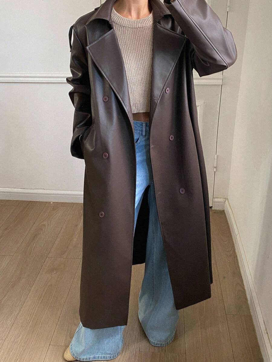 Livesso 秋冬新款宽松休闲加厚优雅重磅PU长款女式常规夹克皮夹克女式外套