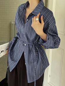 DAZY Women's Casual Commuter Striped Shirt With Turndown Collar, Long Sleeve Fall - Navy Blue - View 4