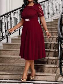 Fleurora Váy midi ren trơn màu thanh lịch dự tiệc cỡ lớn cho nữ Váy lễ Phục sinh Váy tốt nghiệp cho nữ Váy dự tiệc cưới - Màu Đỏ Sâu - Xem 4