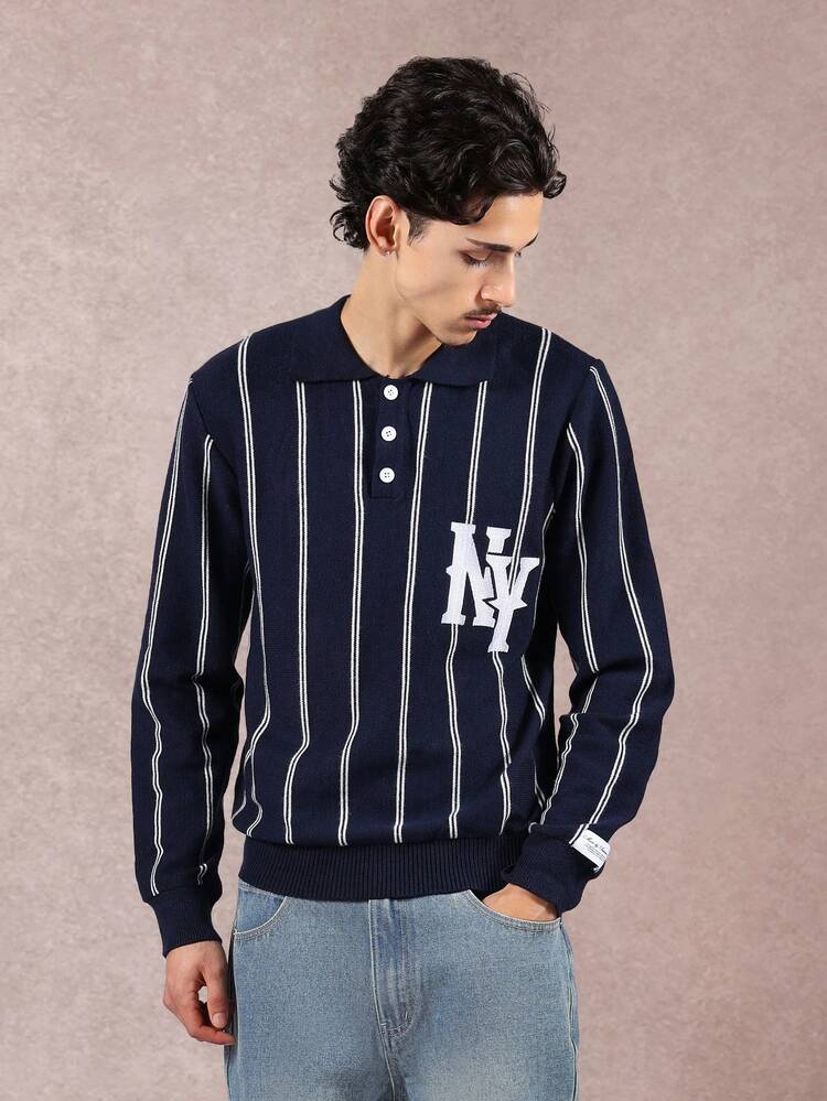 Sweter polo w paski z logo NY