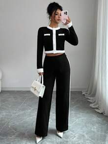 Elenzga Classic Black & White Contrast Color Round Neck Long Sleeve Cardigan With Movable Buttons, Fake Pocket Flaps, Elastic Waistband, Ribbed Cuffs And Hem, Elegant Knit 2 Pieces Set, Versatile For Multiple Occasions Fall Winter Cloth For Women - Multicolor - View 1