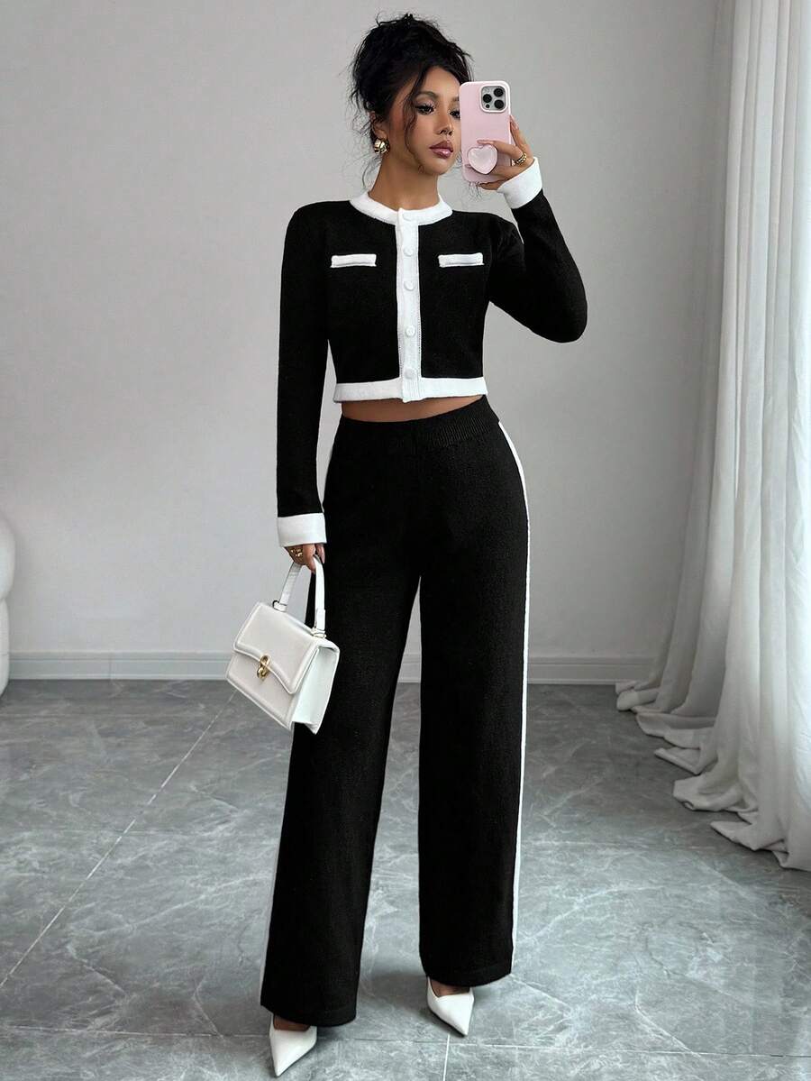 Elenzga Classic Black & White Contrast Color Round Neck Long Sleeve Cardigan With Movable Buttons, Fake Pocket Flaps, Elastic Waistband, Ribbed Cuffs And Hem, Elegant Knit 2 Pieces Set, Versatile For Multiple Occasions Fall Winter Cloth For Women - Multicolor - View 1