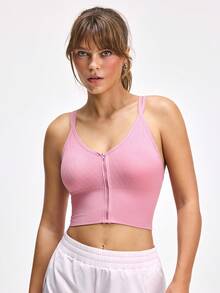 LOUNGEISTA 1pc Cute Front Zipper Seamless Elastic Sports Bra & Enhancing Bra For Women, Workout - Pink - View 3