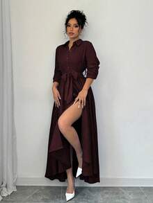 Elenzga 女士休闲/办公室纯色加长衬衫裙 - 酒紅色 - 查看 3