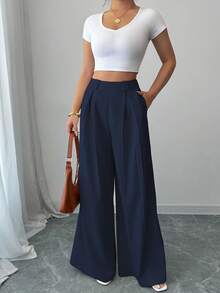 SHEIN PETITE Women's Casual Solid Color Wide Leg Pants, Versatile For Daily Commute Fall Cloth For Women - Navy Blue - View 4