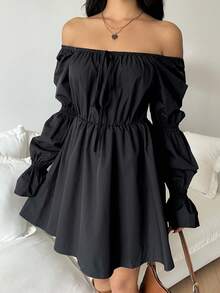 SHEIN EZwear Damen einfarbiges langärmliges Plissee-Rüschen-Saum Lässig modisches Mini-Kleid - Schwarz - Übersicht 4